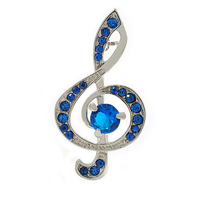 Blue Crystal Treble Clef Musical Brooch in Gold Tone - 40mm Tall