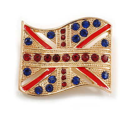 Union Jack Flag Gold Plated Crystal Brooch - 40mm Across
