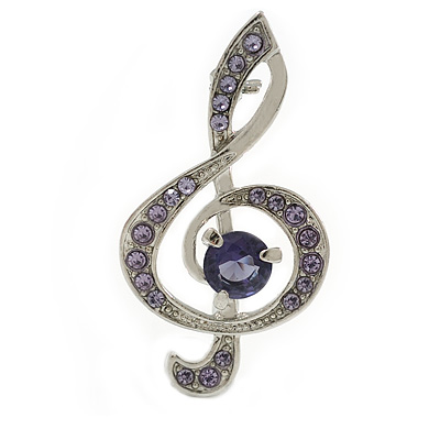 Amethyst Purple Crystal Treble Clef Musical Brooch in Gold Tone - 40mm Tall