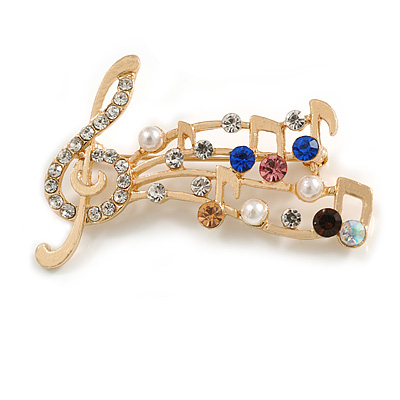 Multicoloured Crystal and White Faux Pearl Bead Musical Notes Brooch in Gold Tone - 50mm L