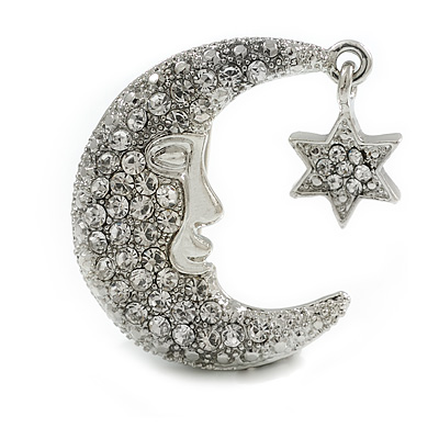 Clear Crystal Moon And Star Brooch in Silver Tone - 35mm Tall - main view