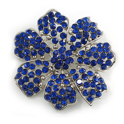 Sapphire Blue Crystal Corsage Flower Brooch in Rhodium Plating - 50mm Diameter