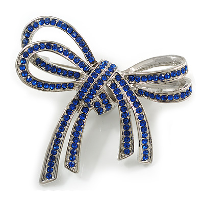 Double Bow Sapphire Blue Crystal Brooch In Rhodium Plating - 50mm W