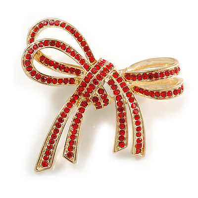 Double Bow Red Crystal Brooch In Gold Plating - 50mm W