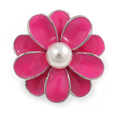Pink Enamel Pearl Layered Flower Brooch in Silver Tone - 30mm Diameter
