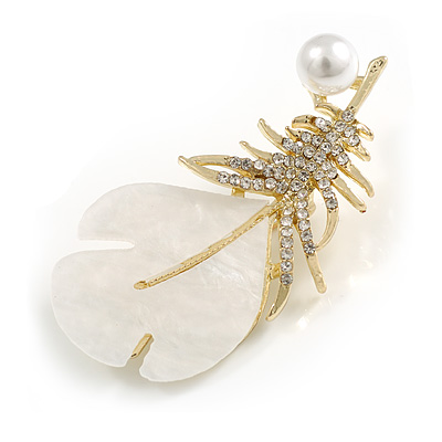 White Acrylic Clear Crystal Feather Brooch in Gold Tone - 55mm Long