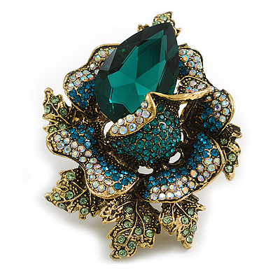 Large Dimentional Crystal Rose Flower Brooch/Pendant in Antique Gold Tone (Green/AB/Teal) - 70mm Tall