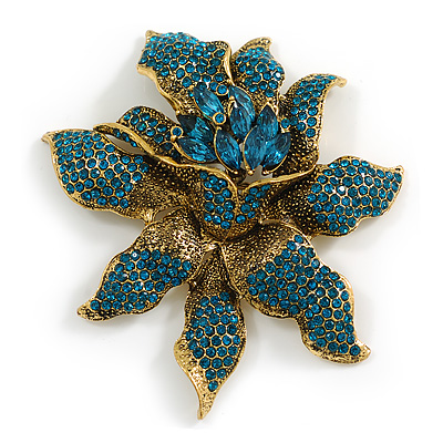 Oversized Statement Teal Crystal Exotic Flower Brooch in Aged Gold Tone - 90mm Tall - main view