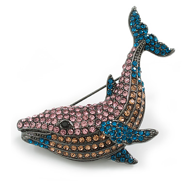 Crystal Whale Brooch in Black Tone (Teal/Pink/Citrine Colours) - 57mm Across