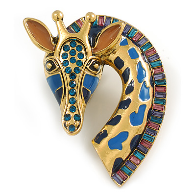 Large Giraffe Head Brooch in Gold Tone (Blue/Pink/Teal Colours) - 65mm Tall