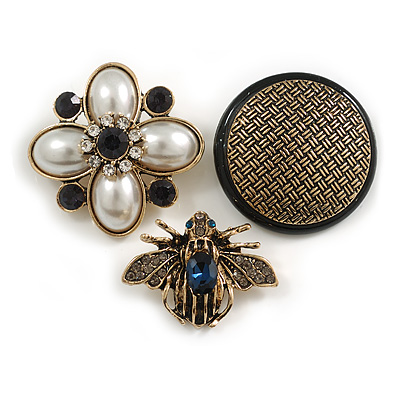 Button/Bee/Flower Brooch Set in Antique Gold Tone Metal