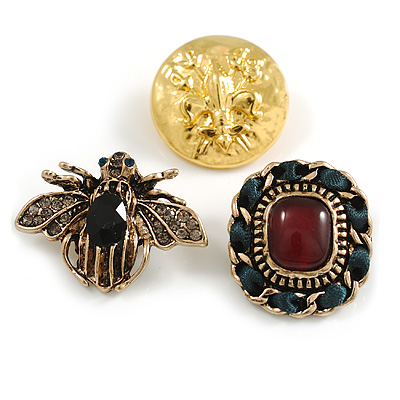 Buttons and Bee Brooch Set in Gold Tone Metal