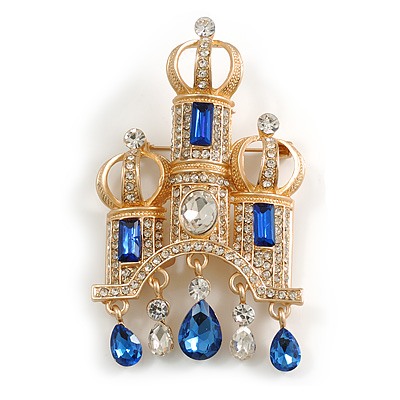 Large Blue/Clear Crystal Castle Palace Brooch in Light Gold Tone - 80mm Tall