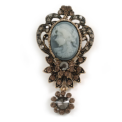 Vintage Inspired Dark Grey/ Hematite Crystal Cameo with Charm Brooch/Pendant In Antique Gold Tone - 65mm L - main view