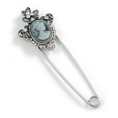 Clear Crystal Grey Cameo Safety Pin Brooch In Silver Tone - 70mm L - main view