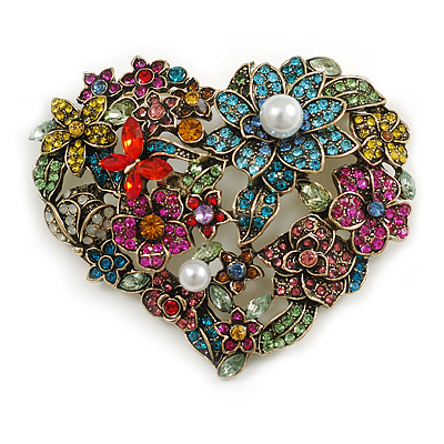 Large Multicoloured Crystal and Pearl Floral Heart Brooch in Gold Tone - 70mm Across