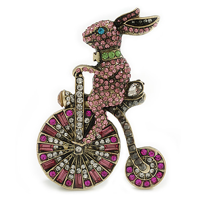 Large Vintage Inspired Pink Crystal Hare/ Rabbit/Bunny on The Bicycle in Aged Gold Tone - 70mm Tall