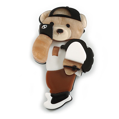 Brown/Black/White Acrylic Bear with Smart Phone Brooch - 60mm L