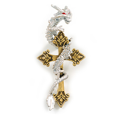 Gothic Dragon Cross Brooch in Gold Tone - 80mm Long