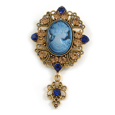 Vintage Inspired Blue Acrylic Crystal Cameo Brooch in Aged Gold Tone - 70mm Long