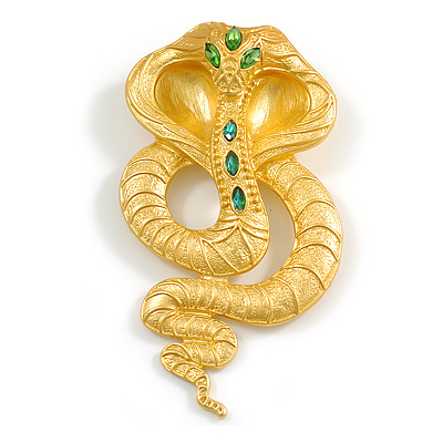 Oversized Solid Cobra Snake Brooch/Pendant in Bright Gold Tone with Green Crystals - 11cm Long