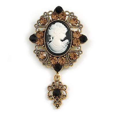 Vintage Inspired Black/White Acrylic Crystal Cameo Brooch in Aged Gold Tone - 70mm Long