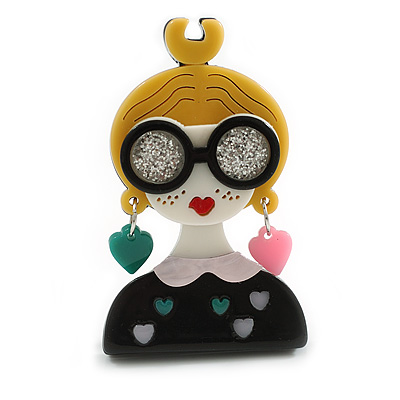 Stylish Girl in The Glasses Acrylic Brooch in Yellow/Black/White - 60mm Tall