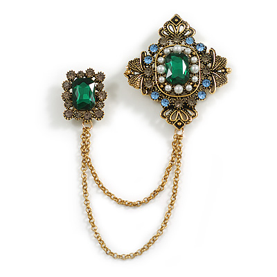 Victorian Style Filigree Crystal Pearl Chain Brooch In Aged Gold Tone Finish in Blue/Green/Grey - main view