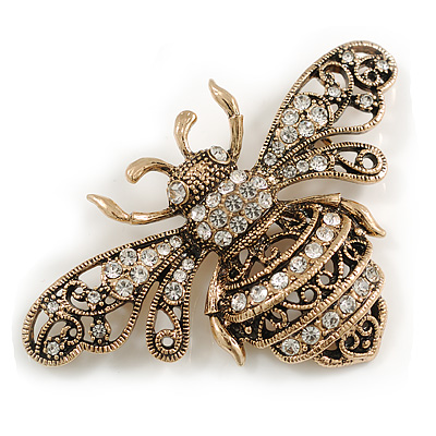 Large Vintage Inspired Aged Gold Tone Crystal Bumble Bee Brooch - 75mm Across - main view