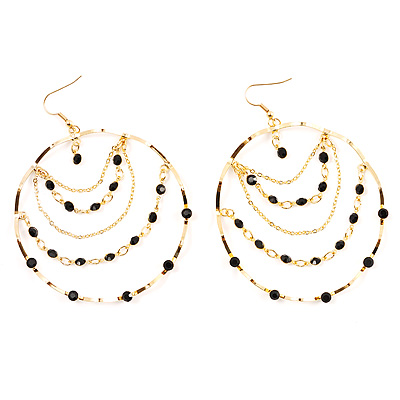 Gold Jet-Black Serpentine Costume Hoop Earrings