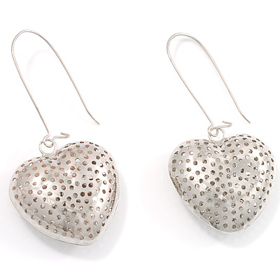 Silver Riddle Puffed Heart Drop Costume Earrings