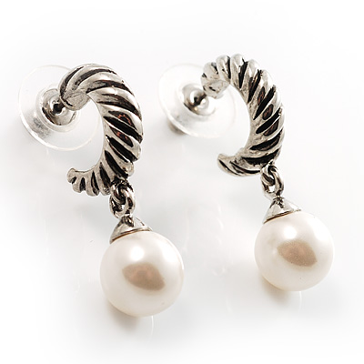 Antique Silver Twisted Faux Pearl Hoop Earrings