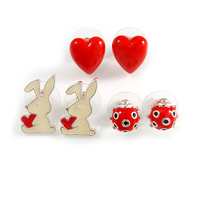Silver-Tone Heart, Lady Bug & Bunny Stud Earring Set