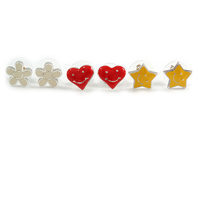 Silver-Tone Heart, Daisy & Star Stud Earring Set