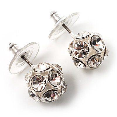 Silver Tone Crystal Ball Stud Earrings