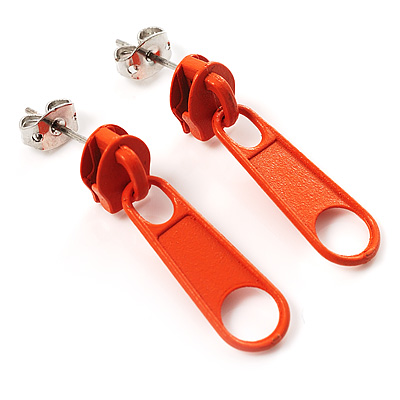 Small Orange Metal Zipper Stud Earrings - main view