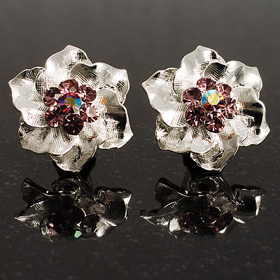 Textured Fuchsia Diamante Floral Stud Earrings (Silver Tone)