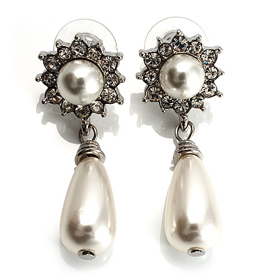 Bridal Simulated Pearl Drop Earrings (Silver Tone)