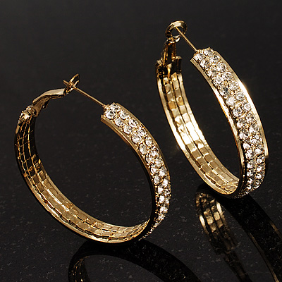 Gold Tone Diamante Hoop Earrings  (40mm Diameter)