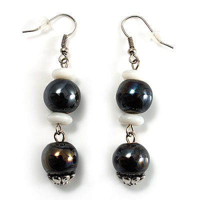 Black & White Bead Drop Earrings (Silver Tone)