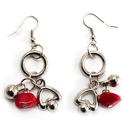 Silver Tone Charm Drop Earrings (Red)