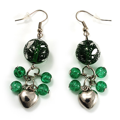 Green Glass Bead Drop Earrings (Silver Tone)