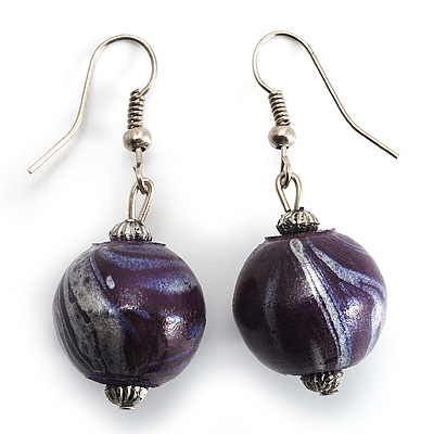 Purple & Metallic Silver Wood Drop Earrings (Silver Tone) - main view