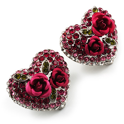 Heart Diamante Rose Stud Earrings (Silver Tone)
