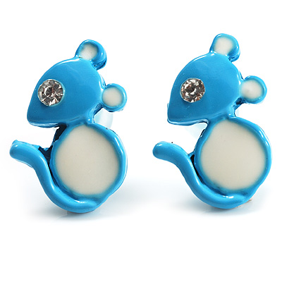 Tiny Diamante Mouse Enamel Stud Earrings (Light Blue & White)