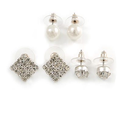 Crystal & Simulated Pearl Jewelled Stud Earrings (Silver Tone) - main view