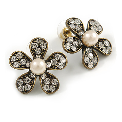 Charming Diamante Simulated Pearl Daisy Stud Earrings (Burn Gold Metal) - 2.5cm Diameter