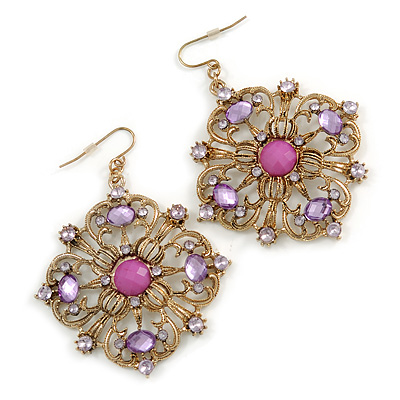Square Shape Jeweled Filigree Drop Earrings (Burn Gold & Lilac) - 7cm Drop - main view