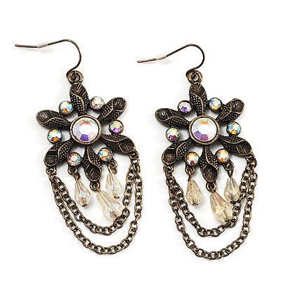 Bronze Tone Floral Chain Drop Earrings - 6.5cm Length