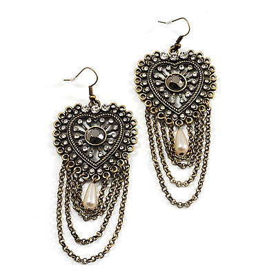 Long Vintage Bead Chain Chandelier Earrings (Bronze Tone) - 9cm Drop